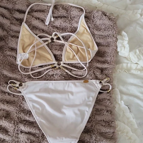 Vintage Sexy JLO Cream/White String Bikini W/ Gold Beaded Detail🤍 RARE - Picture 4 of 6